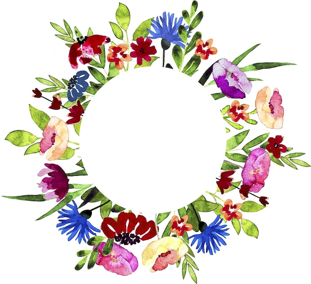 handpainted watercolor floral wreath of poppy green leaves meadow grasses and buds