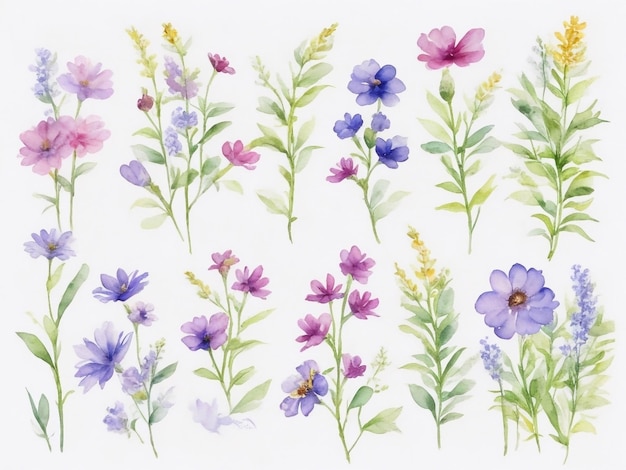 Handpainted watercolor meadow flowers spring background Colorful wild floral bouquet collection