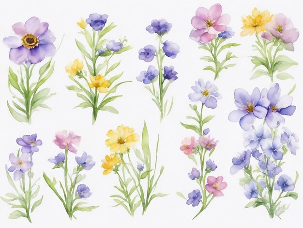 手描きの水彩画 草原の花 春の背景 色とりどりの野生の花束のコレクション