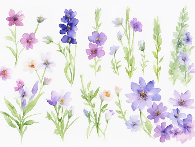 手描きの水彩画 草原の花 春の背景 色とりどりの野生の花束のコレクション