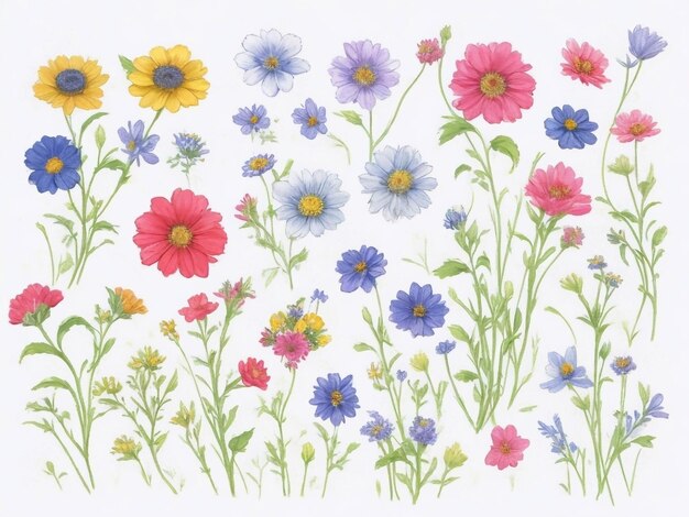 Handpainted watercolor meadow flowers spring background