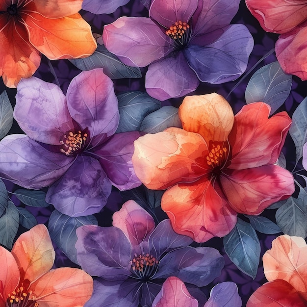 Foto fiori multicolori dipinti a mano in acquerello su sfondo lilac a disegno senza cuciture