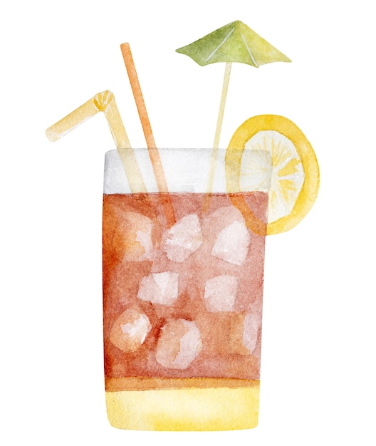 Handpainted watercolor of a summer cocktail with ice is a perfect summer clipart