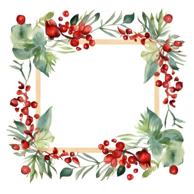 Photo handpainted winter berries and leaves with a wooden frame