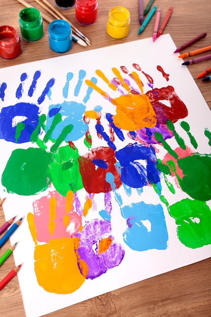 Handprints and art equipment