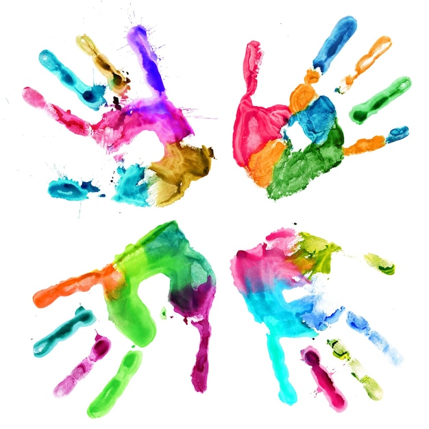 Photo handprints in different colors on a white background