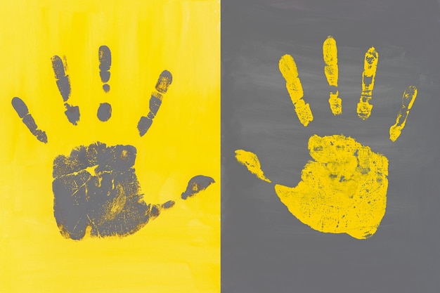 Photo handprints on a gray and yellow background abstract art layout in contrasting colors