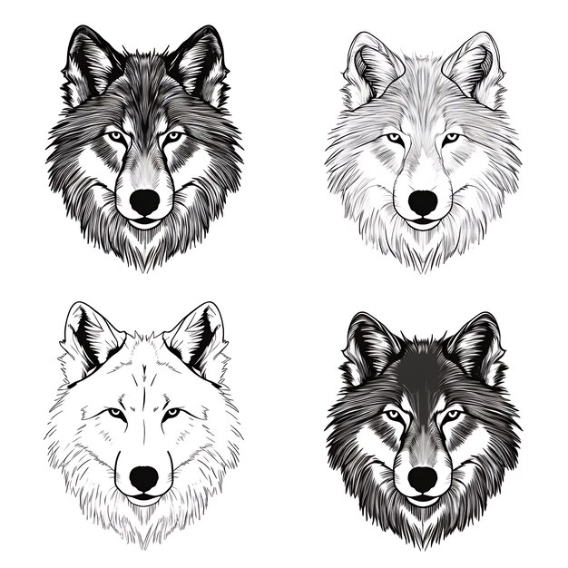 Photo handraw wolf portrait outlines black color on white background conto illustration minimalist