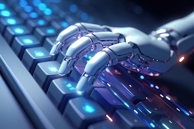 hands of ai robot typing on keypad robotic cyborg hand using keyboard computer side view generative ai humanoid robot hands typing on a computer keyboard