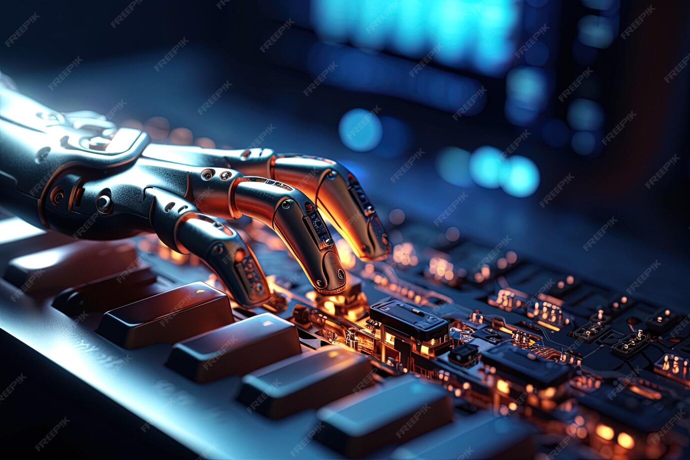 Premium Photo | Hands of AI robot typing on keypad Robotic cyborg hand ...