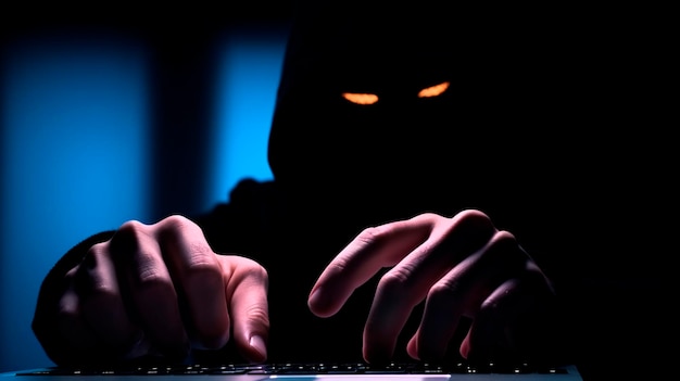 신용 카드를 들고 노트북을 사용하는 익명의 해커의 손 사이버 범죄 사이버 보안