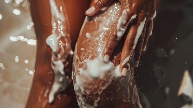 Photo hands applying soap suds on moisturized skin