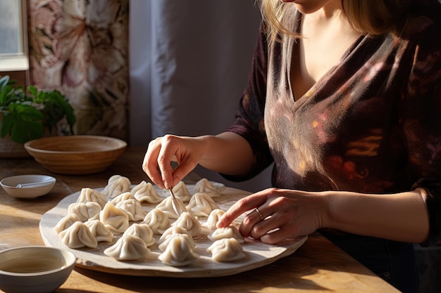 손은 집에서 만든 우크라이나 전통 요리 <unk>플링을 요리하고 있습니다.