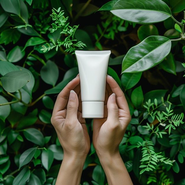 hands are holding and showing an empty white cosmetic tube on a nature background