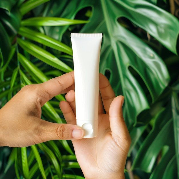 hands are holding and showing an empty white cosmetic tube on a nature background