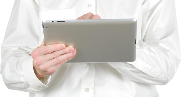 Hands are holding the tablet computer