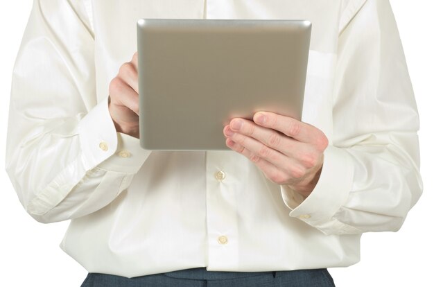 Hands are holding the tablet computer