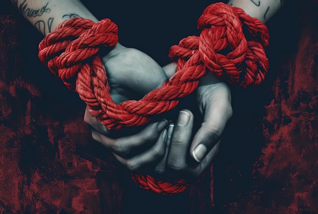 Photo hands are trying to unravel a knot with rope in the style of intricate collage