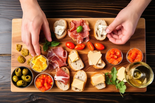 Foto mani che assemblano tapas su una tavola di legno