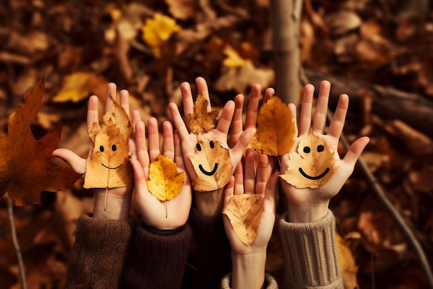 Hands autumn group healthy happy