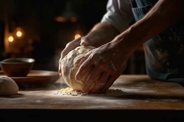 Hands of a baker working the dough to make the bread