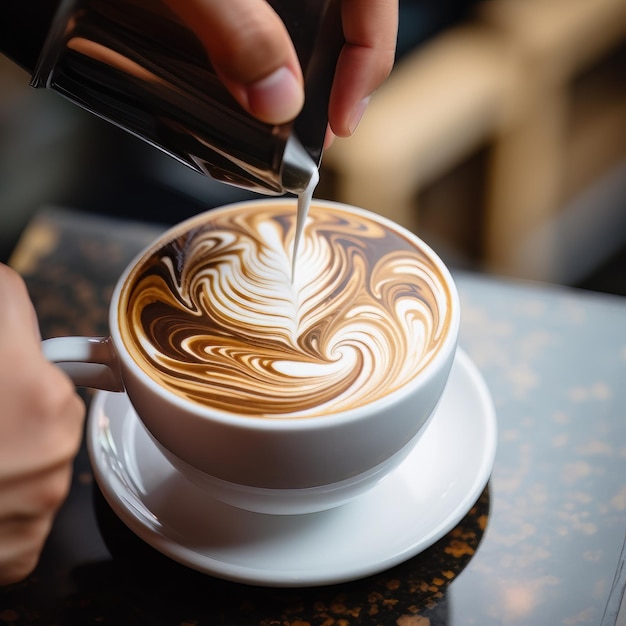 Hands barista make latte coffee art