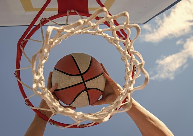 Hands of basketball player throws the ball into the hoop success