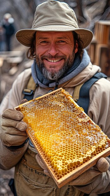 Hands of beekeepers holding and examining a hive frame with a honeycomb displaying capped honey and brood cells