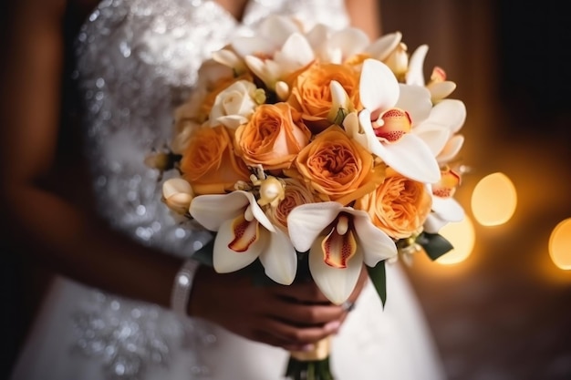 Hands of black bride with wedding bouquet Generative AI