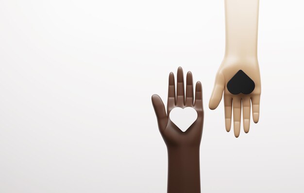 Photo hands of black man and woman couple holding black and white show love and friendship between people, anti racism, equal rights. 3d render illustration.