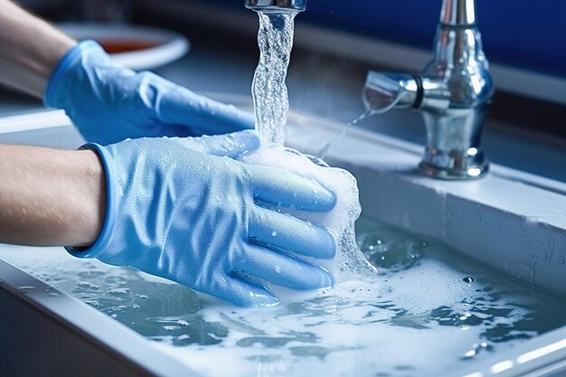 Foto mani in guanti blu in un lavandino con acqua saponata