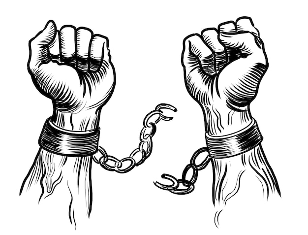 Hands breaking chains Handdrawn black and white drawing