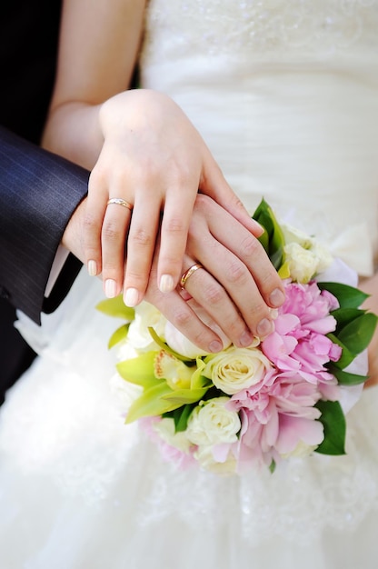 Hands of the bride and groom together