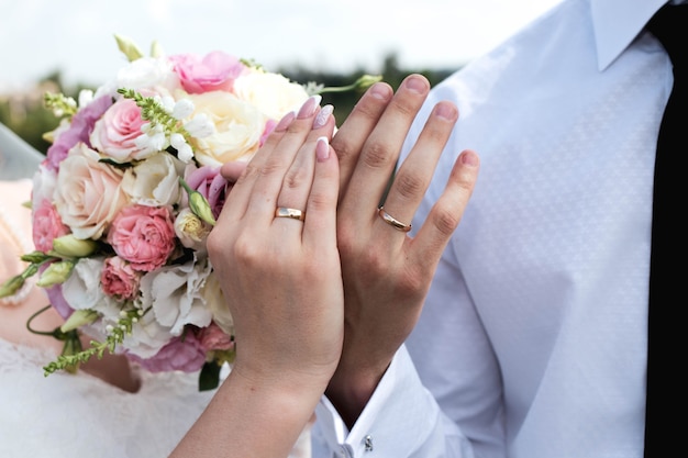 Hands of the bride and groom on the wedding day