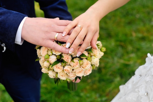 Hands of bride and groom with rings