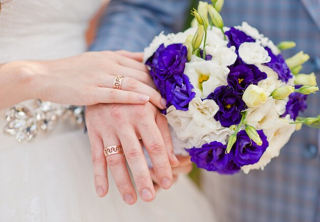 Hands of the bride and groom with wedding rings