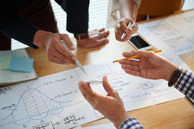 Hands of business people analyzing charts with various statistics and data when working on marketing strategy