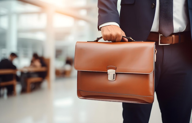 hands of businessman holding a briefcase on blurred office backg