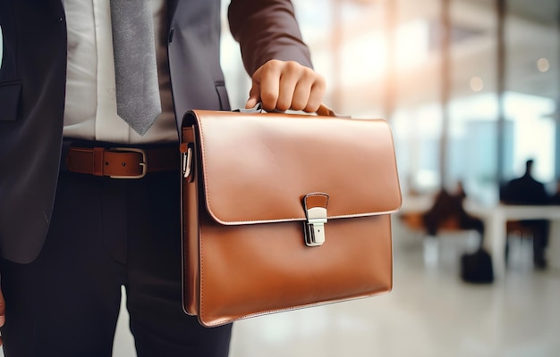 Photo hands of businessman holding a briefcase on blurred office backg