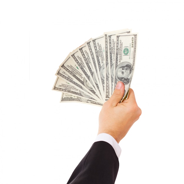 Photo hands of businessman in suit showing cash dollar bills