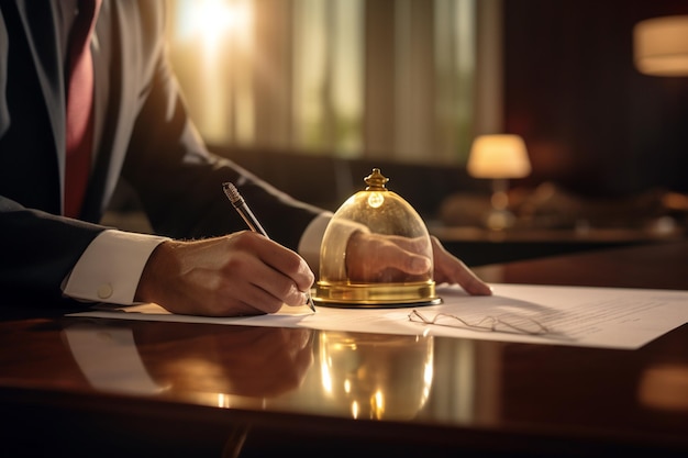 Premium Photo | Hands of a businessman writing a book on the desk on a