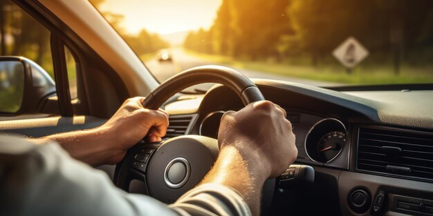 車の運転手の手はステアリングホイールで道路旅行は高速道路で運転しますプロンプトは道路旅行の車です