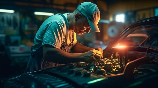 Hands of car mechanic working in auto repair service