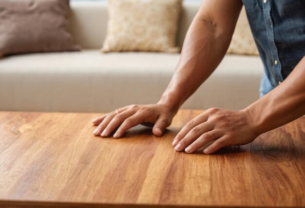 Photo hands carefully polishing a wooden table the focus is on the smooth texture and craftsmanship