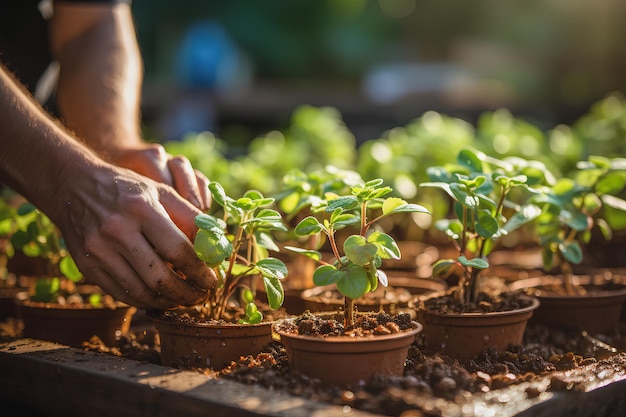 hands caring for plants in garden