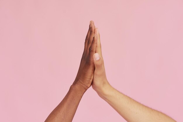 Hands of Caucasian man and black African American giving each other five on pink background The concept of racism and all lives matter