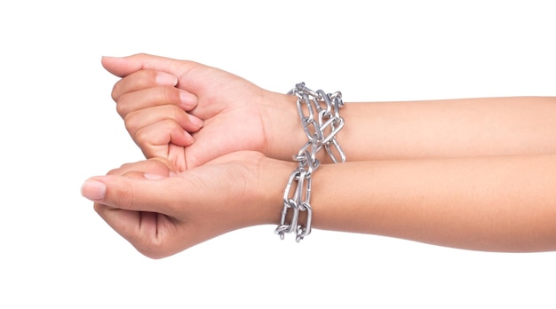 Hands chained together isolated on a white background