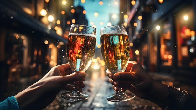 Hands cheering with champagne or beer glasses at New Year party Holiday celebration Ai generative