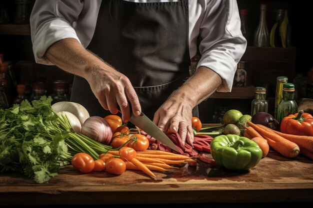 hands of chef cutting vegetables