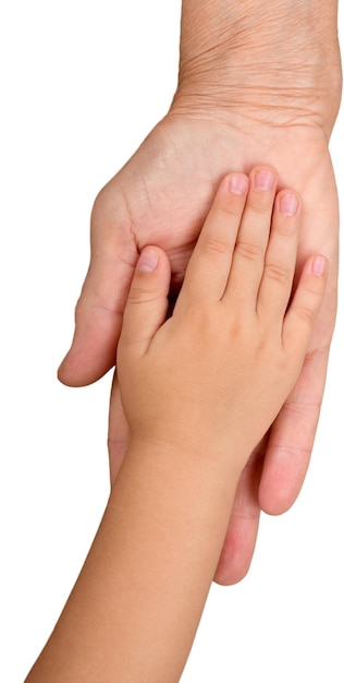 Hands of a child and a father isolated on white background